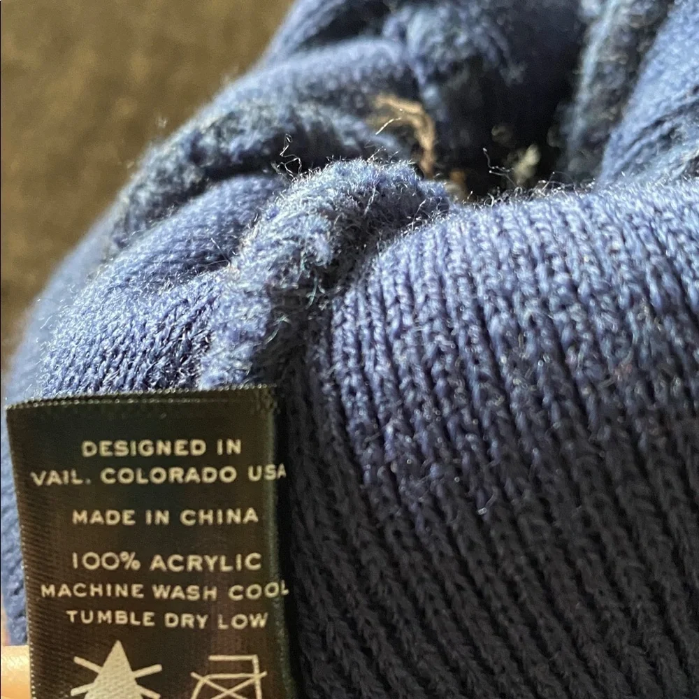 Cirque Blue and Tan Beanie with Colorado Patch. Designed in Vail, CO.